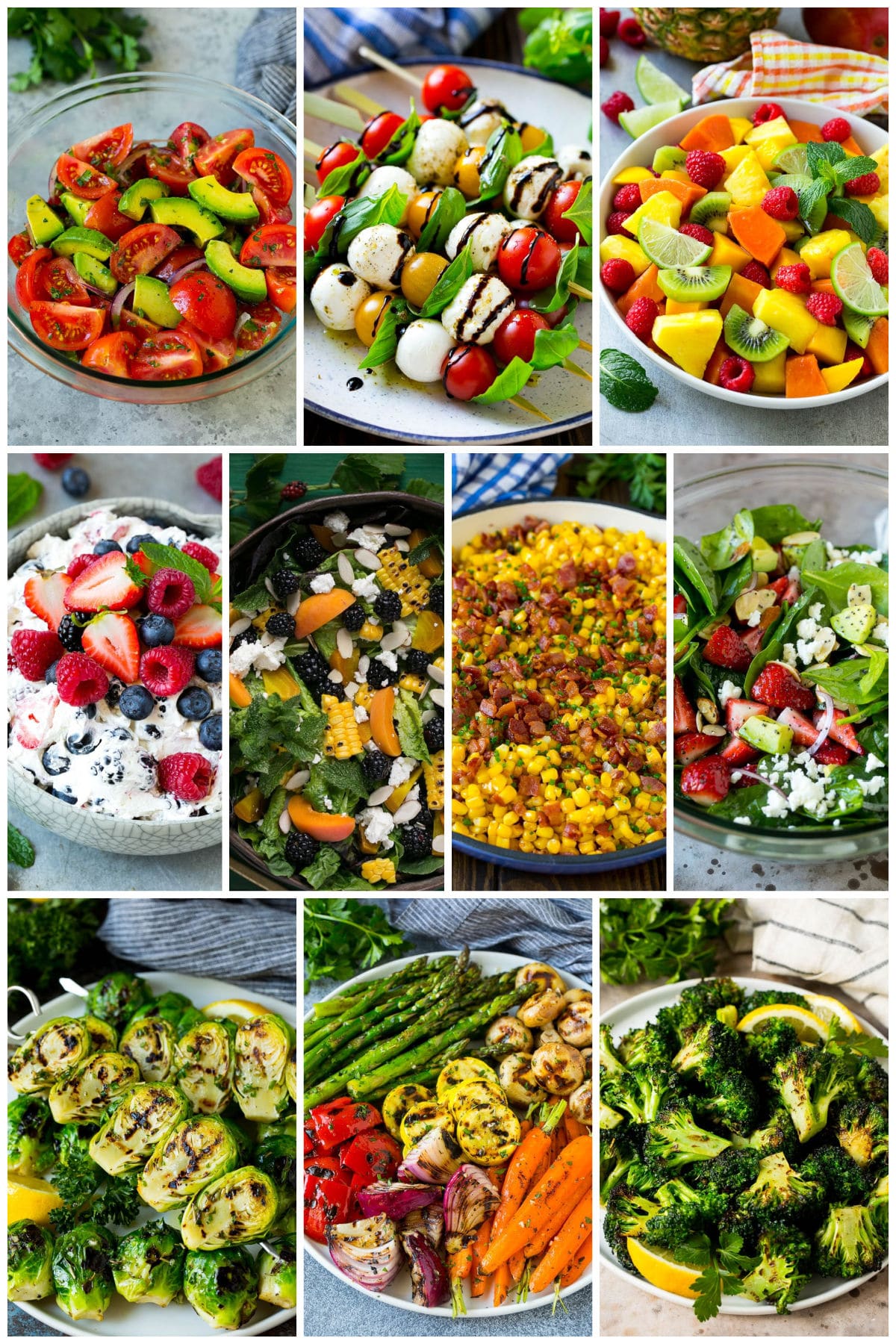 A group of side dishes perfect for summer dinners like caprese skewers, strawberry spinach salad and grilled vegetables.