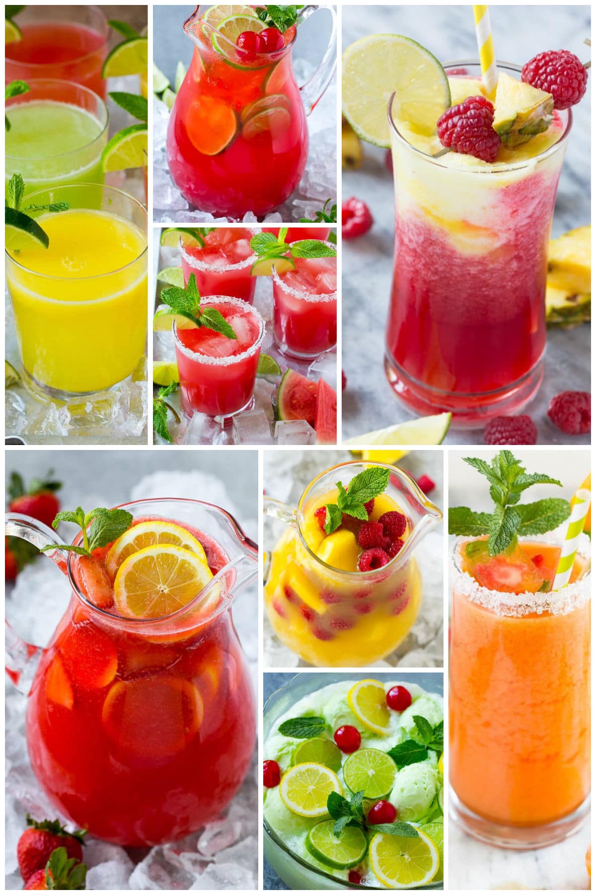 A group of summer drinks like strawberry lemonade, cherry limeade and agua fresca.