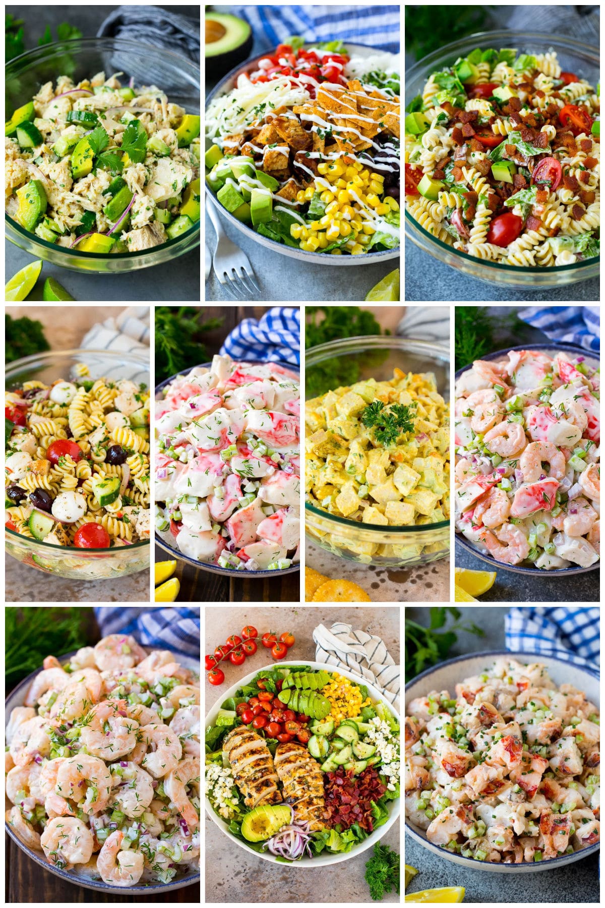 A collection of summer salads featuring chicken and seafood.