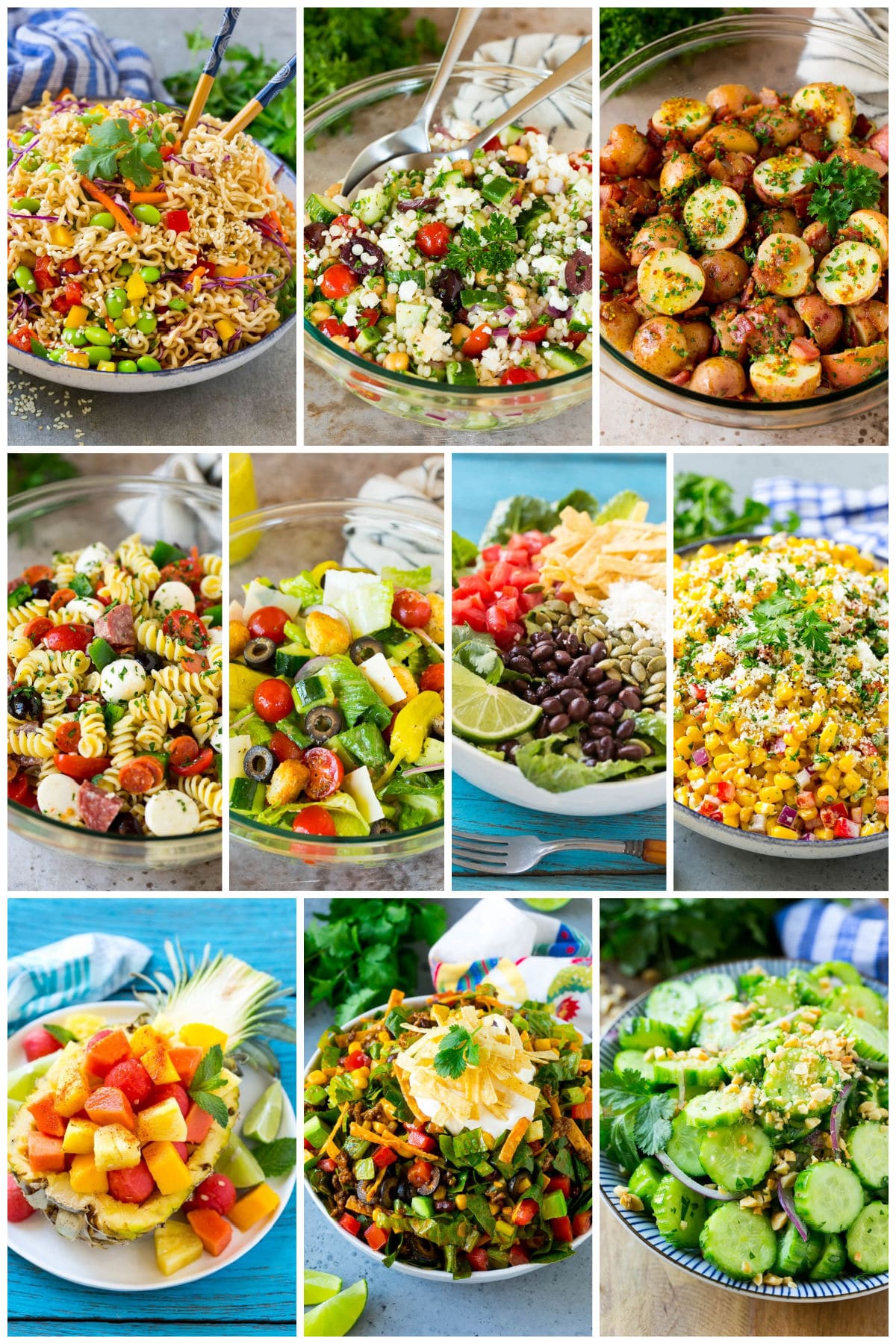 A group of refreshing summer salad recipes such as Mexican corn salad, Thai cucumber salad and Italian salad.