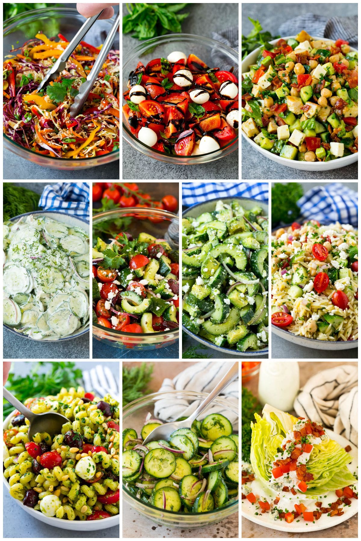 A group of summer salad recipes including favorites like a wedge salad, creamy cucumber salad and pesto pasta salad.