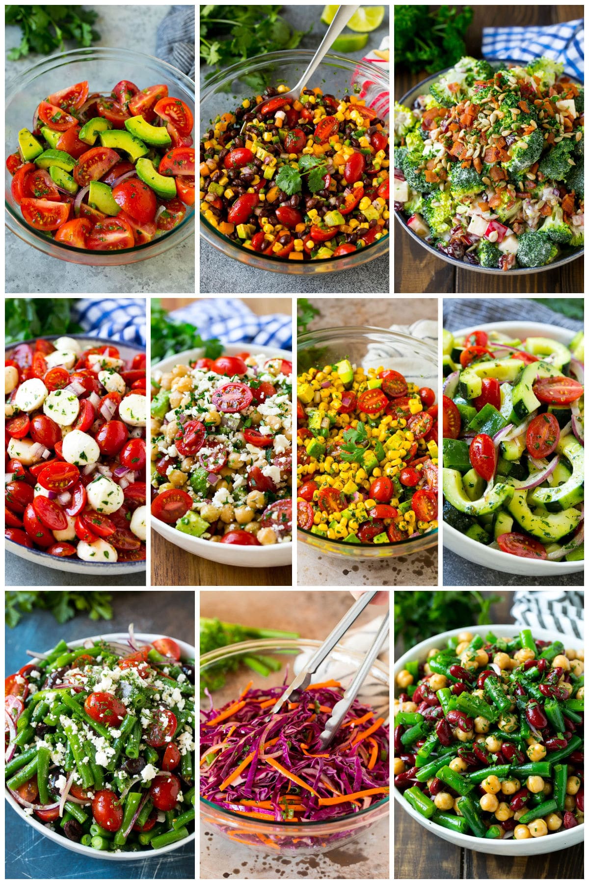 A group of summer salads featuring vegetables like chickpea salad, red cabbage slaw and cucumber tomato salad.