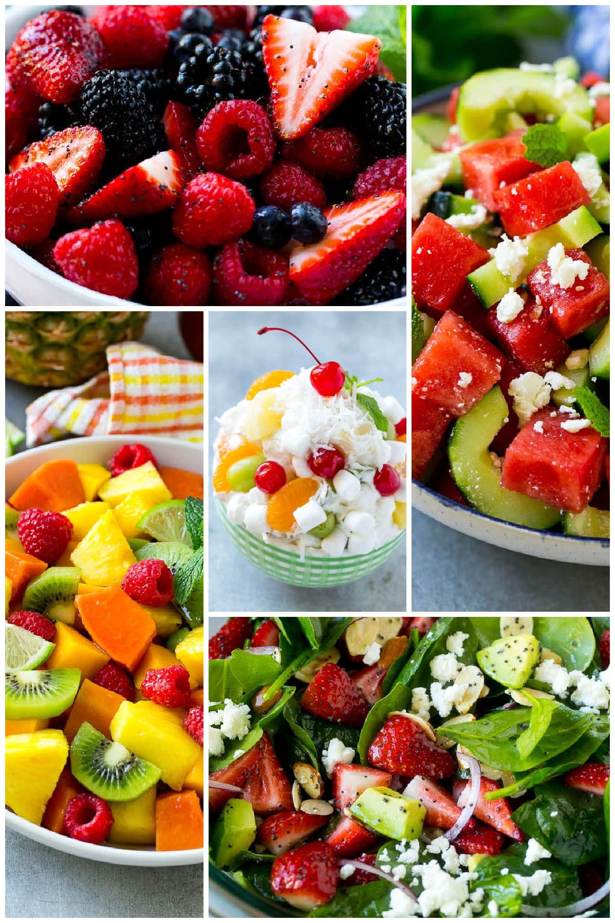 A group of salads featuring fruit like berry fruit salad, strawberry spinach salad and ambrosia salad.
