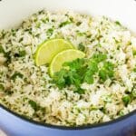 A blue pot filled with cilantro lime rice.