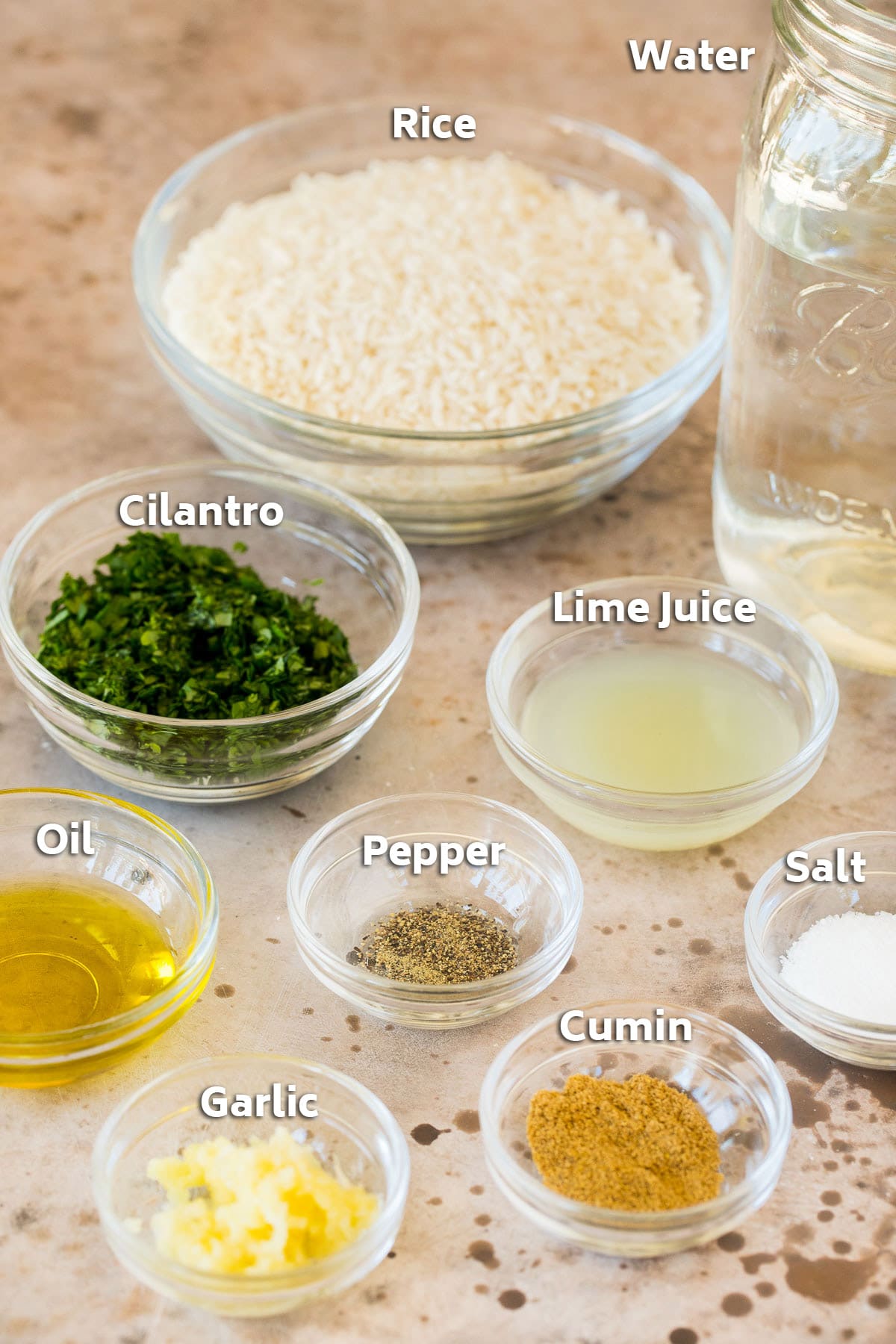 Bowls of ingredients including rice, seasonings and cilantro.