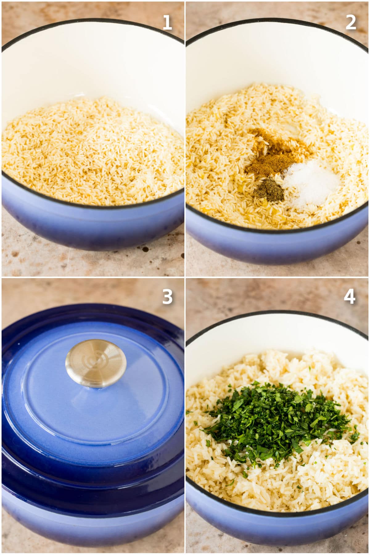 Step by step process shots showing rice cooking in a pot.