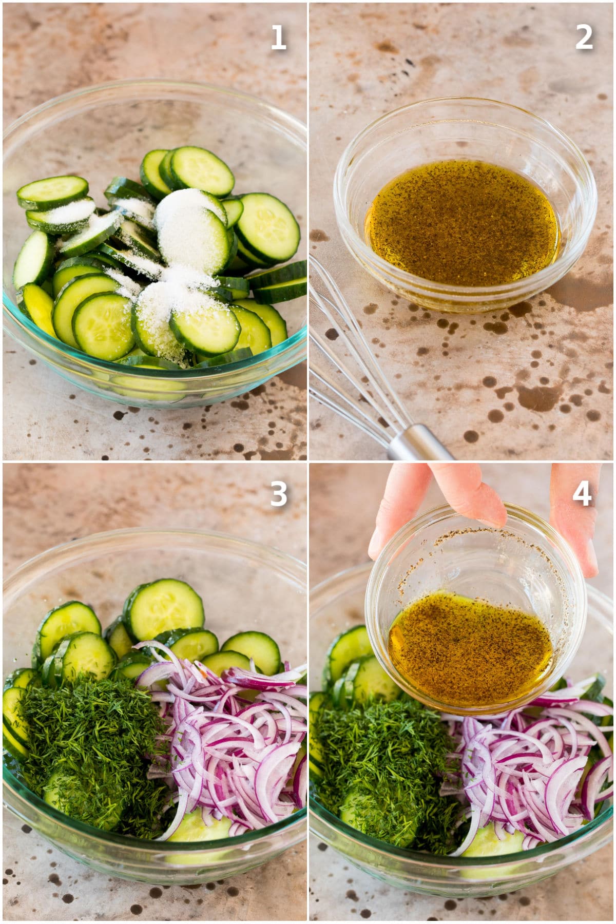 Process shots of cucumber salad and dressing being made.