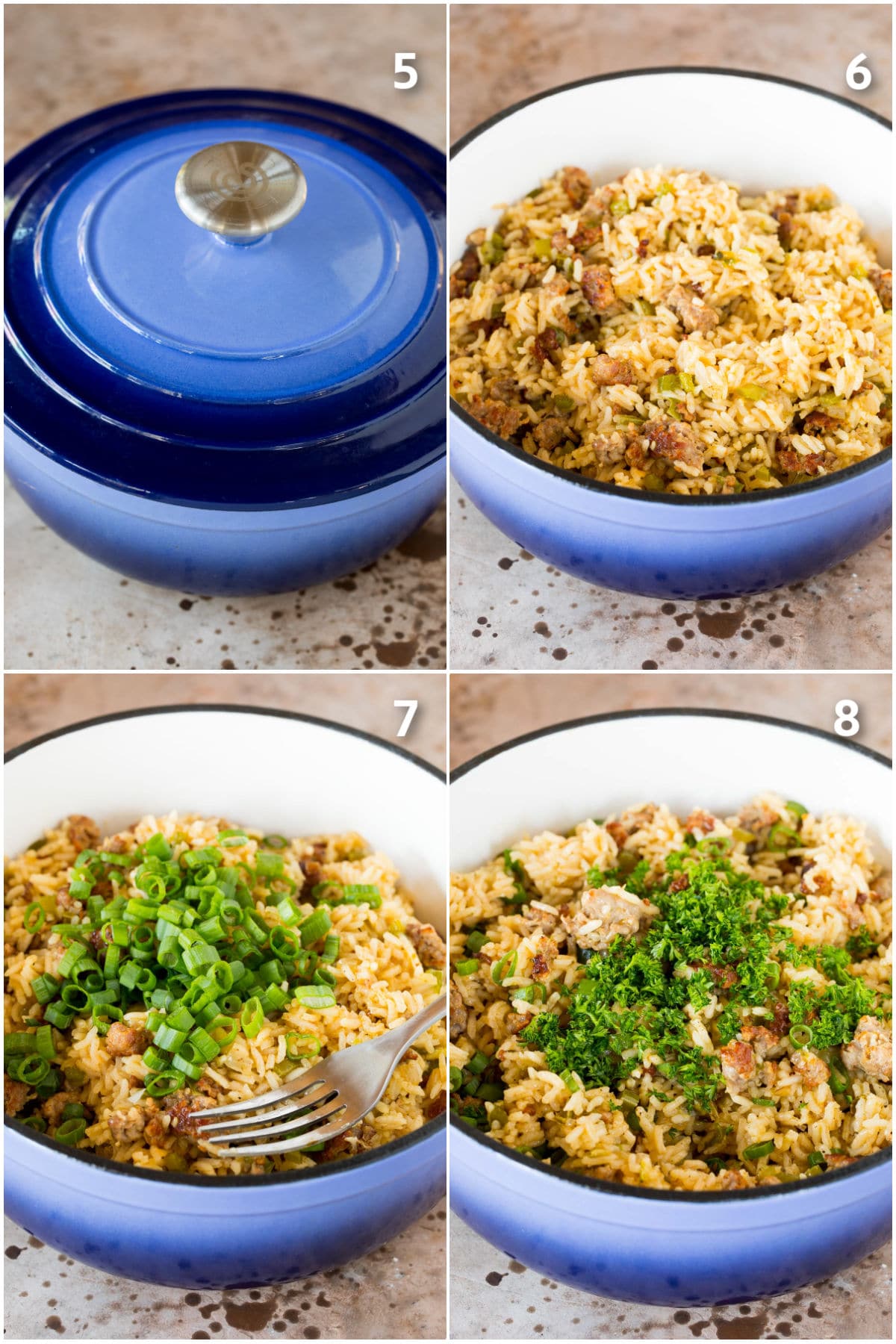 Process shots showing a pot of rice, uncovered, then fluffed with a fork and an herb garnish.