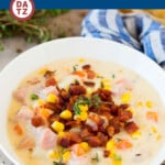 This ham and corn chowder is a blend of diced ham, bacon, vegetables and potatoes, all simmered together in a rich and creamy broth.