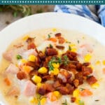 This ham and corn chowder is a blend of diced ham, bacon, vegetables and potatoes, all simmered together in a rich and creamy broth.