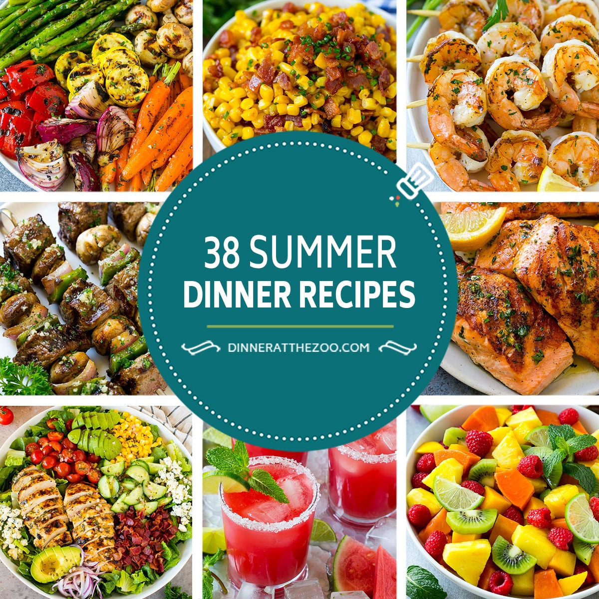 A collection of summer dinner recipes including grilled meats, kabobs, side dishes and drinks.