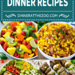 A group of summer dinner recipes like grilled meats, kabobs, side dishes and drinks.