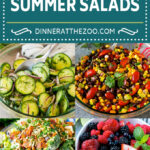 A list of summer salad recipes with meats, veggies, fruits and international flavors.
