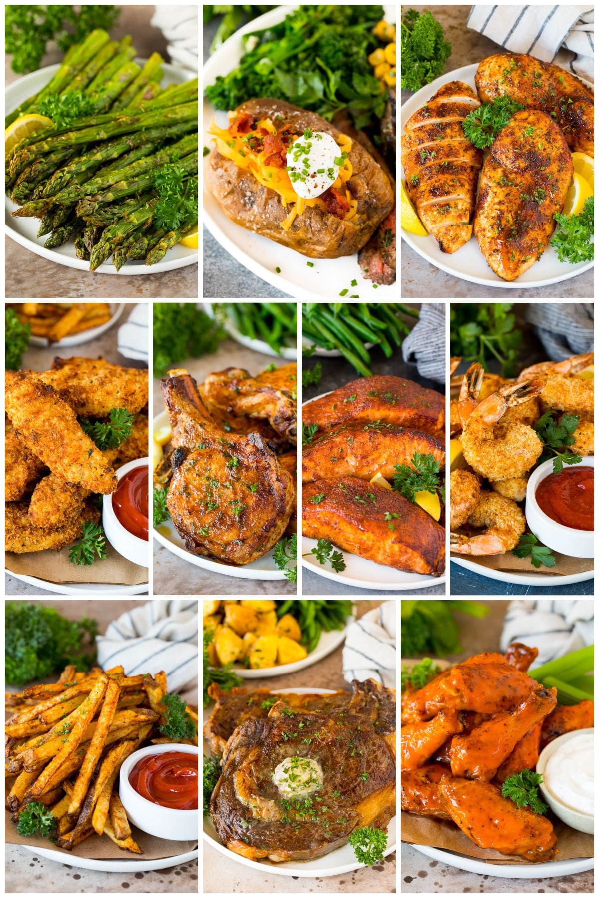 A collection of dishes that can be cooked up with an air fryer like chicken tenders, salmon and steak.