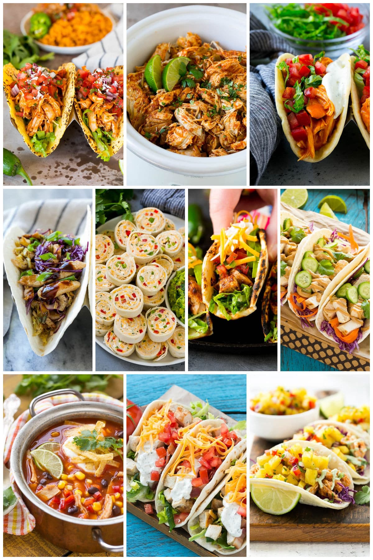 A group of images of delicious chicken taco recipes like slow cooker chicken tacos, pulled chicken tacos and taco soup.