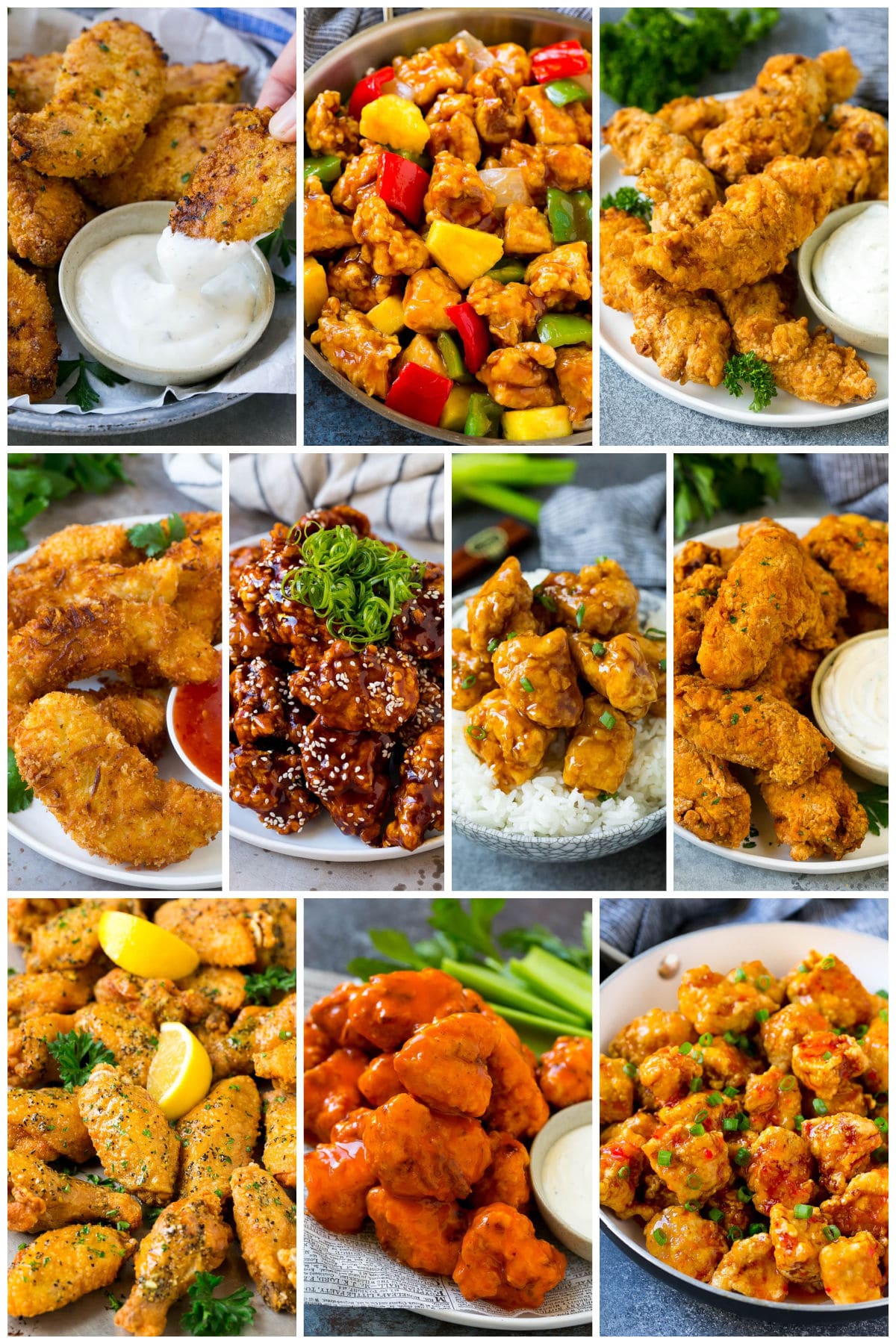 A group of fabulous fried chicken recipes including coconut chicken, chicken fingers and honey chicken.