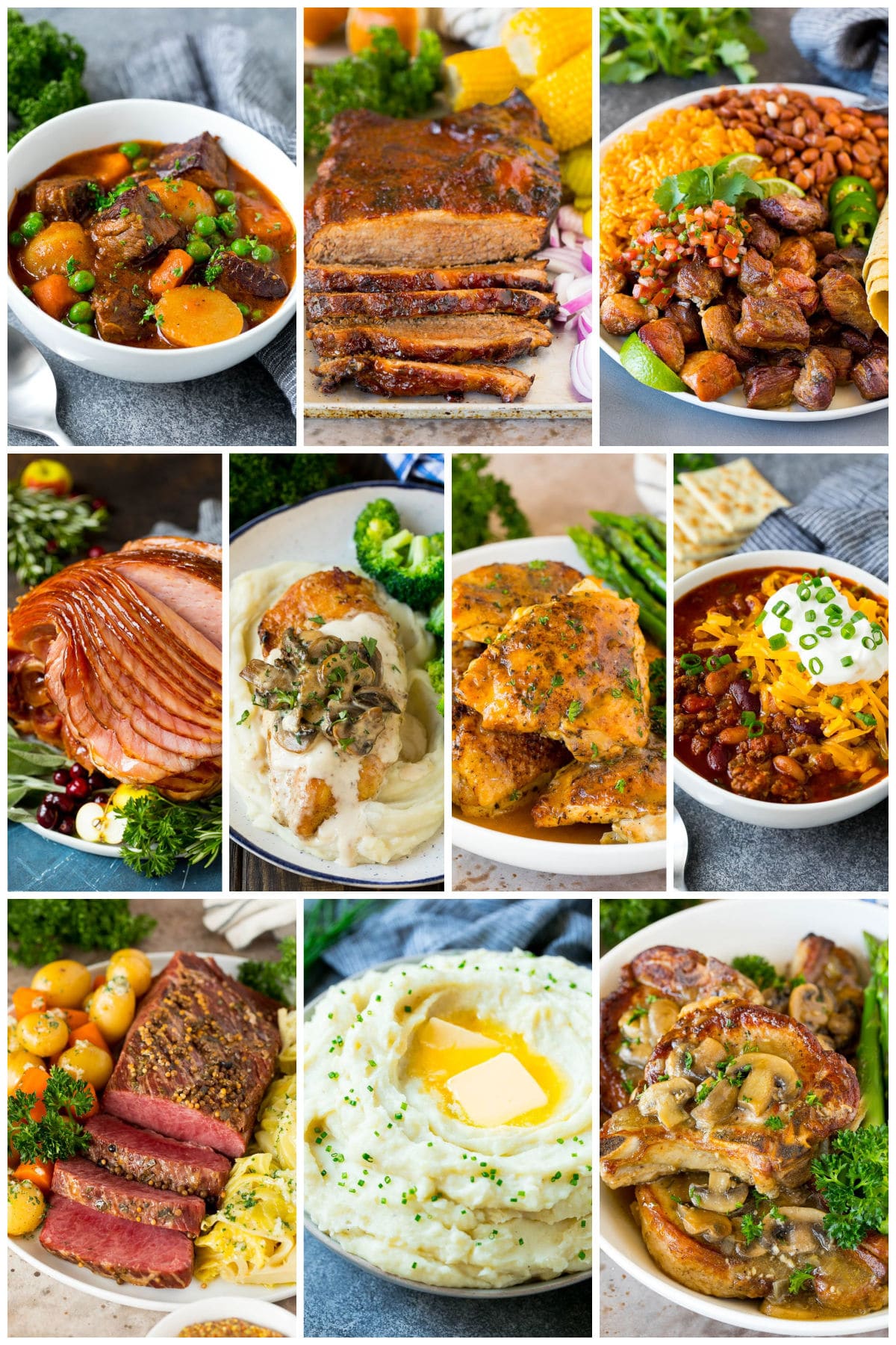 A group of quick and easy Instant Pot recipes including chili, ham and pork chops.