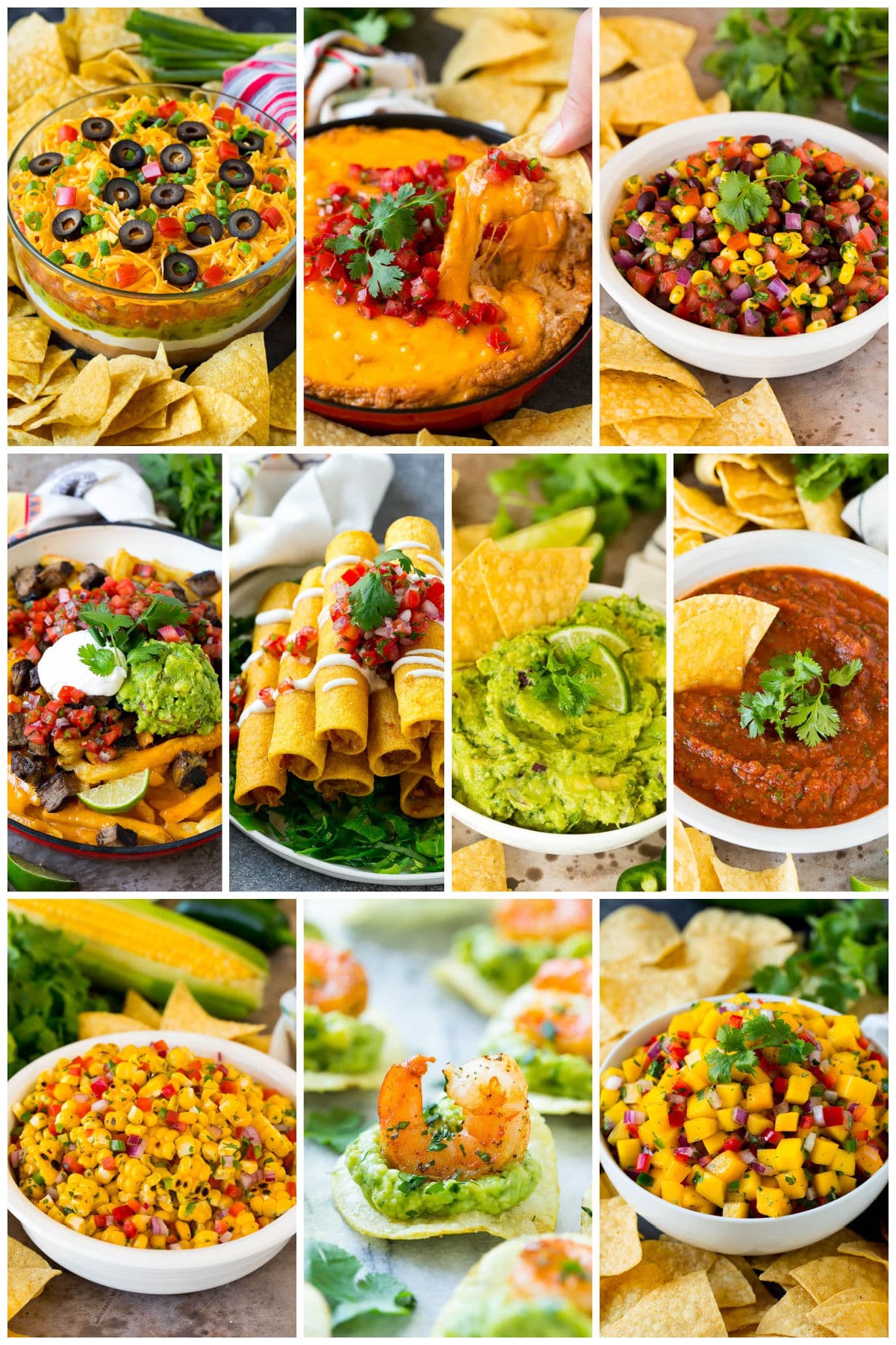 A group of fabulous Mexican appetizer recipes like taquitos, mango salsa and 7 layer dip.
