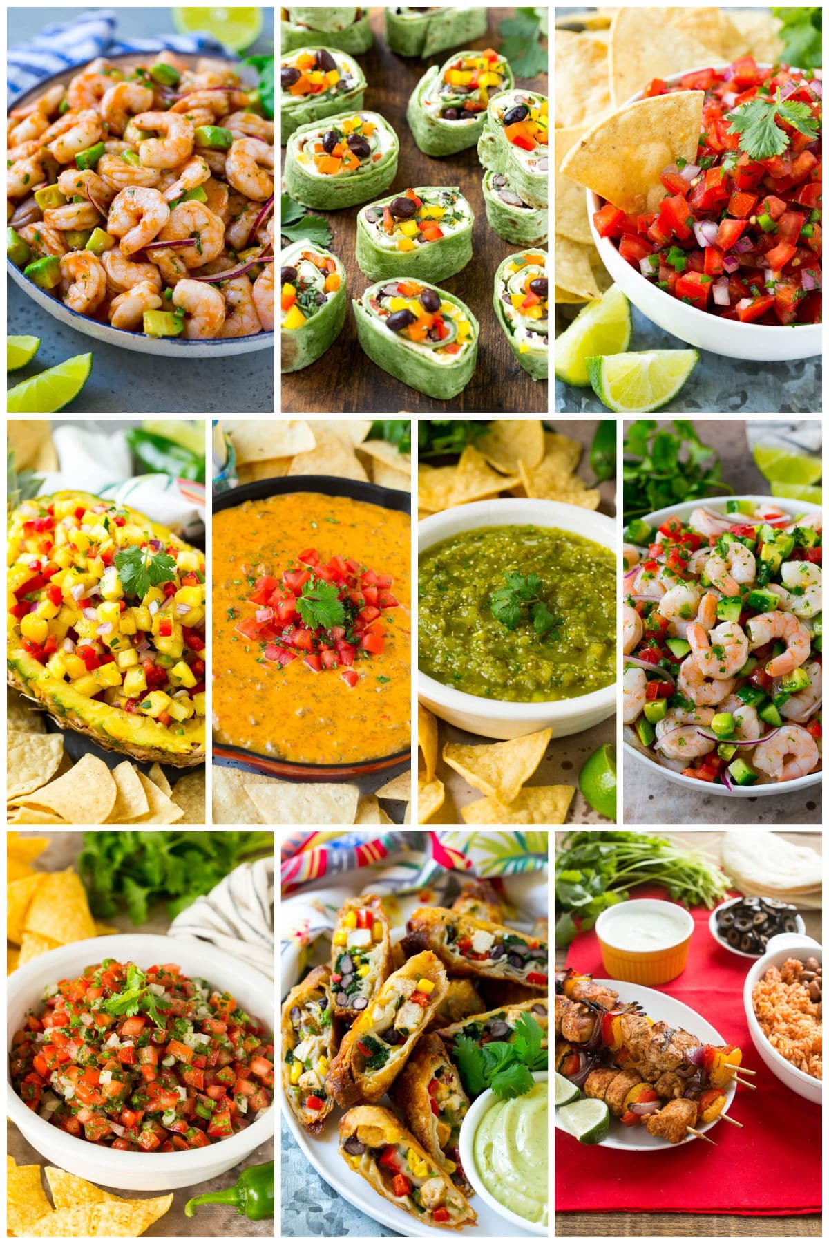 A collection of Mexican appetizer recipes like salsa verde, southwestern egg rolls and pico de gallo.