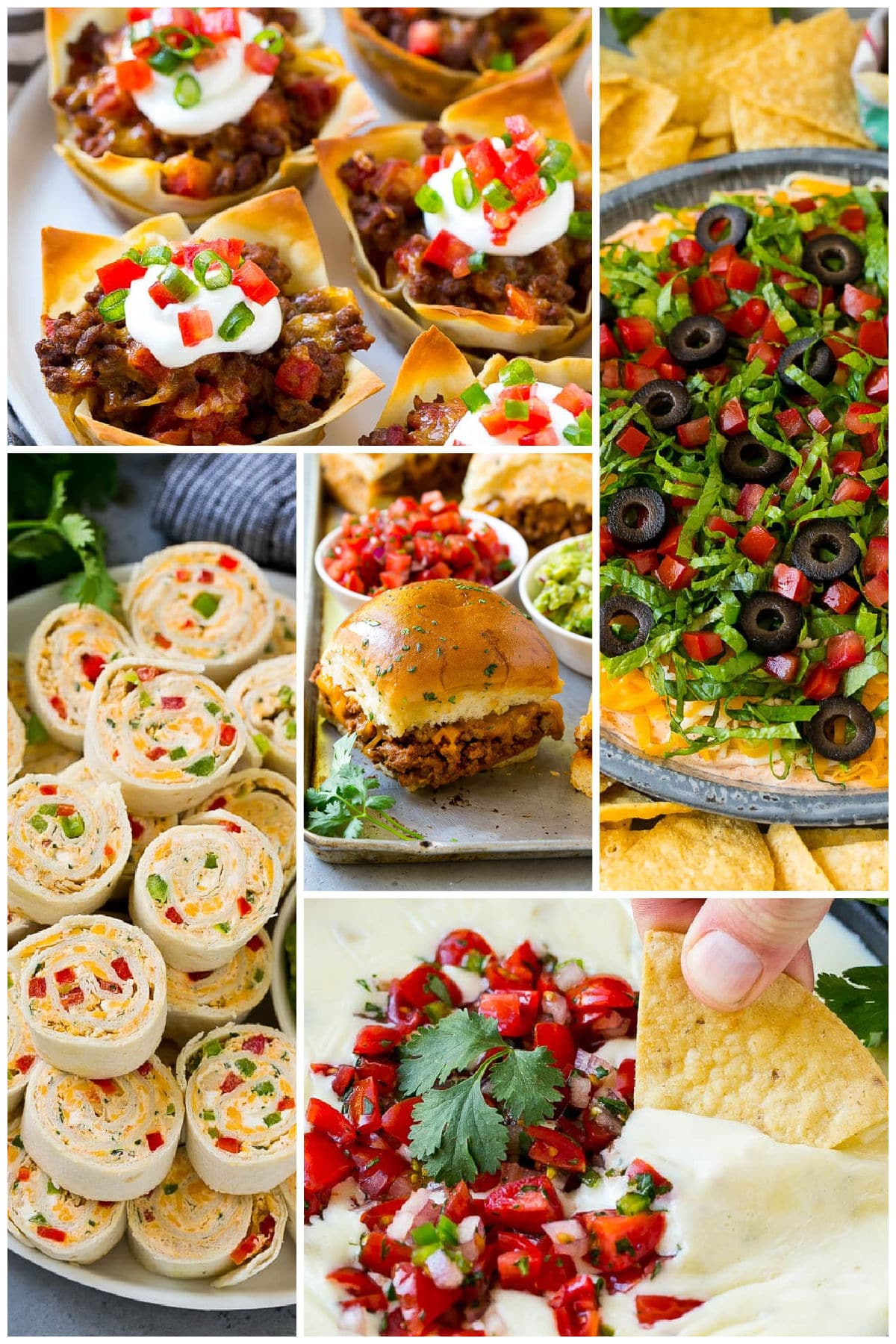 A group of Mexican appetizers like taco dip, white queso and taco pinwheels.