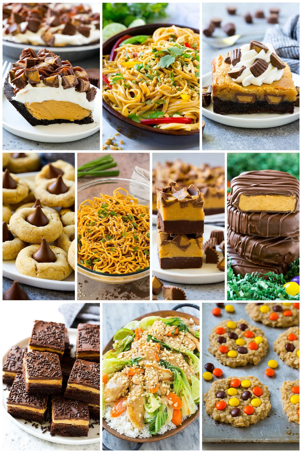 A group of sweet and savory peanut butter recipes like sesame noodles and chocolate peanut butter pie.