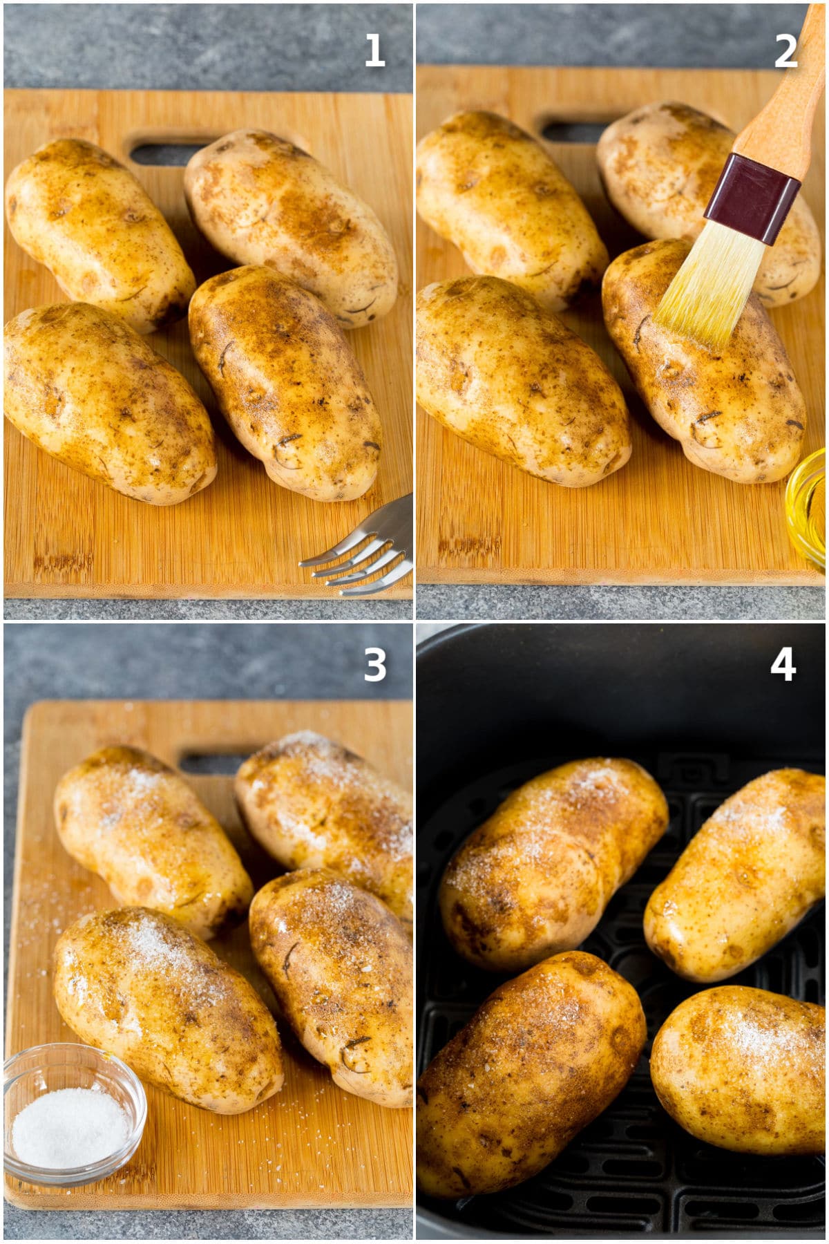 Step by step shots showing how to air fry baked potatoes.