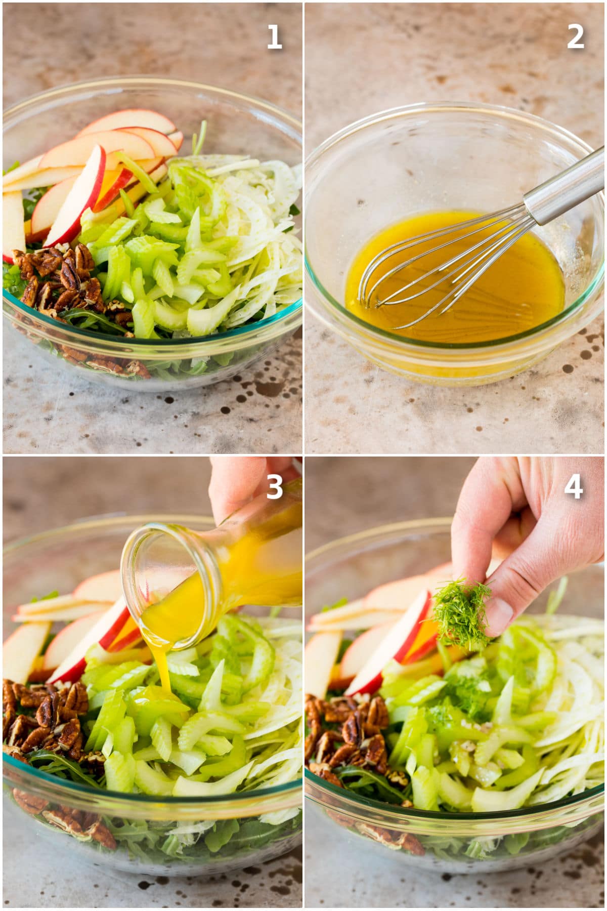 Step by step process shots showing how to make fennel salad.