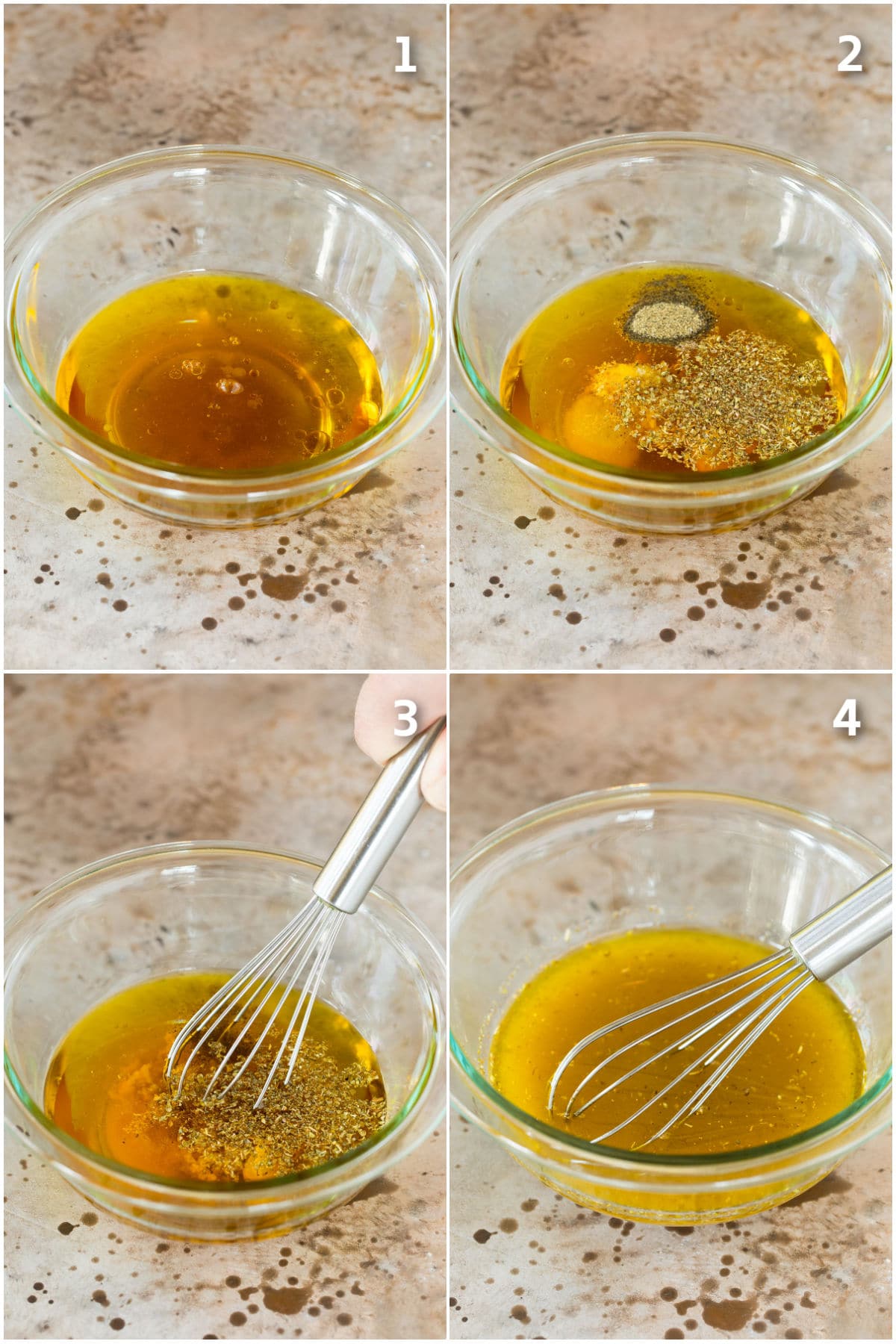 Step by step process shots showing how to make Greek dressing.