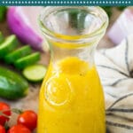 This homemade Greek salad dressing is a blend of olive oil, fresh lemon juice, red wine vinegar, herbs and spices.