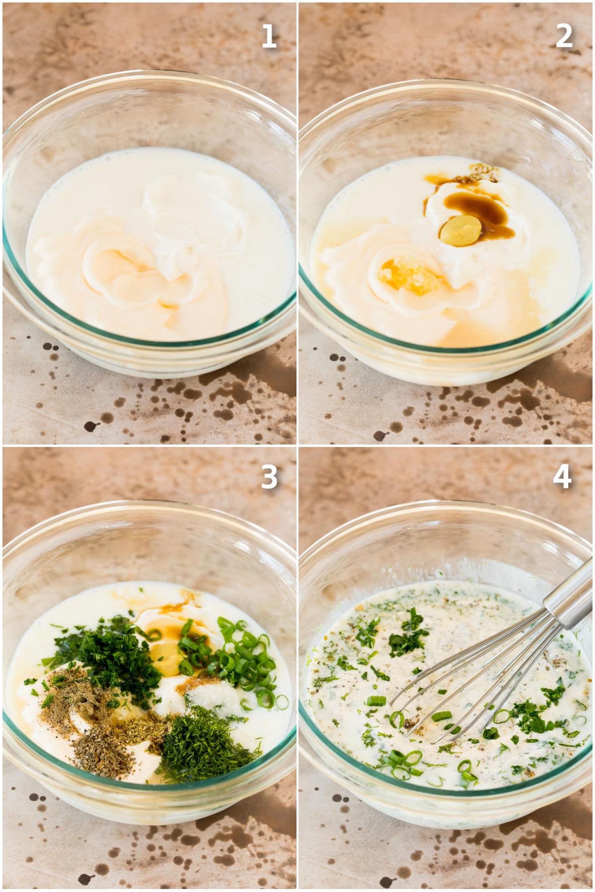 Step by step shots showing how to make ranch dressing.