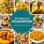 A collection of fabulous Mexican appetizers like corn salsa, taquitos and bean dip.