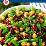 This three bean salad is a blend of kidney beans, green beans and garbanzo beans, all tossed in a sweet and savory dressing.