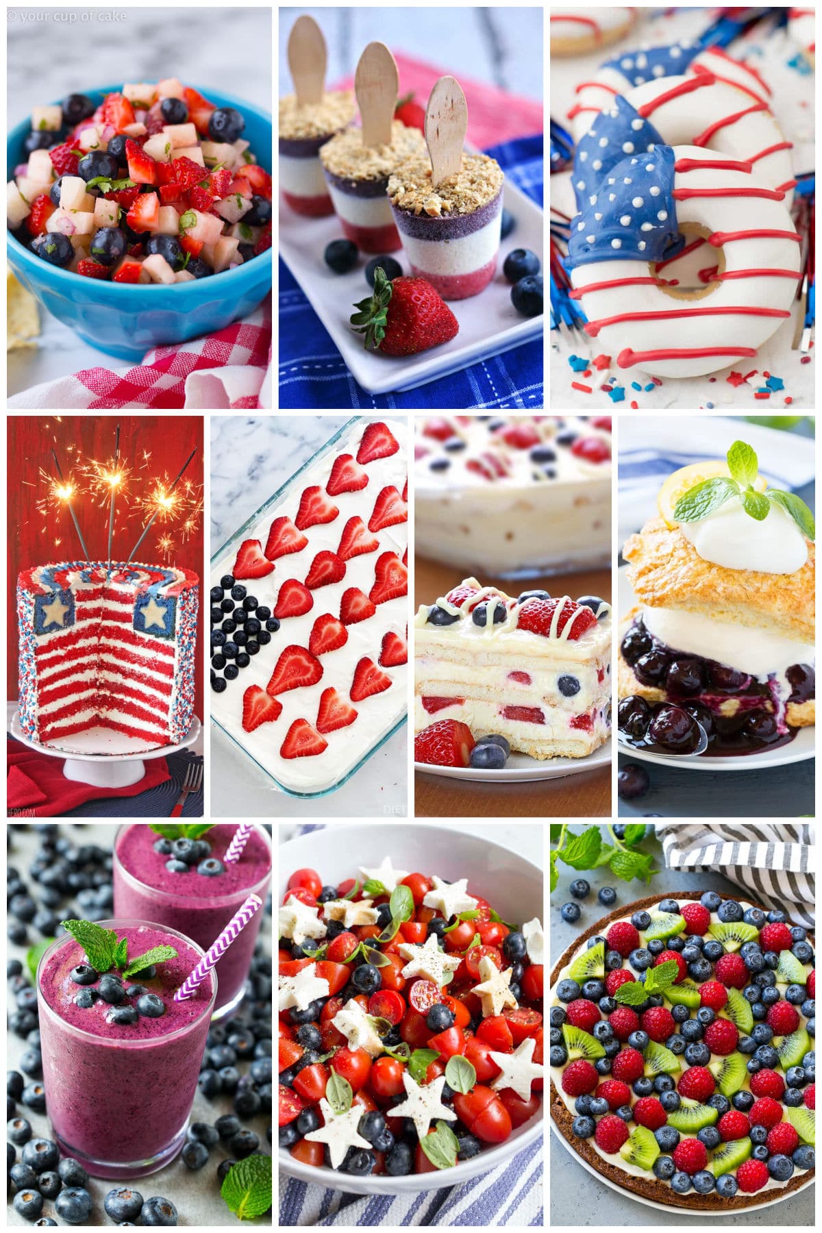A group of festive 4th of July recipes like American flag layer cake, blueberry tomato caprese salad and blueberry shortcake.