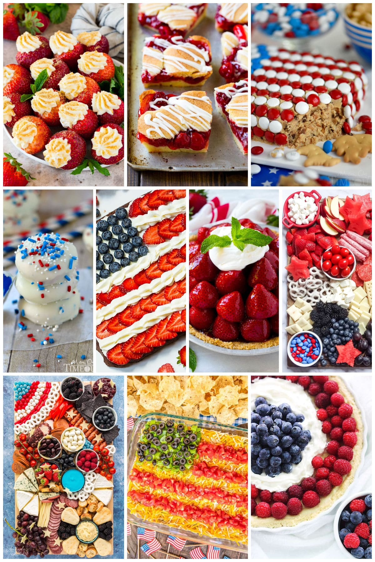 A collection of patriotic red, white and blue recipes like fresh strawberry pie and cherry bars.