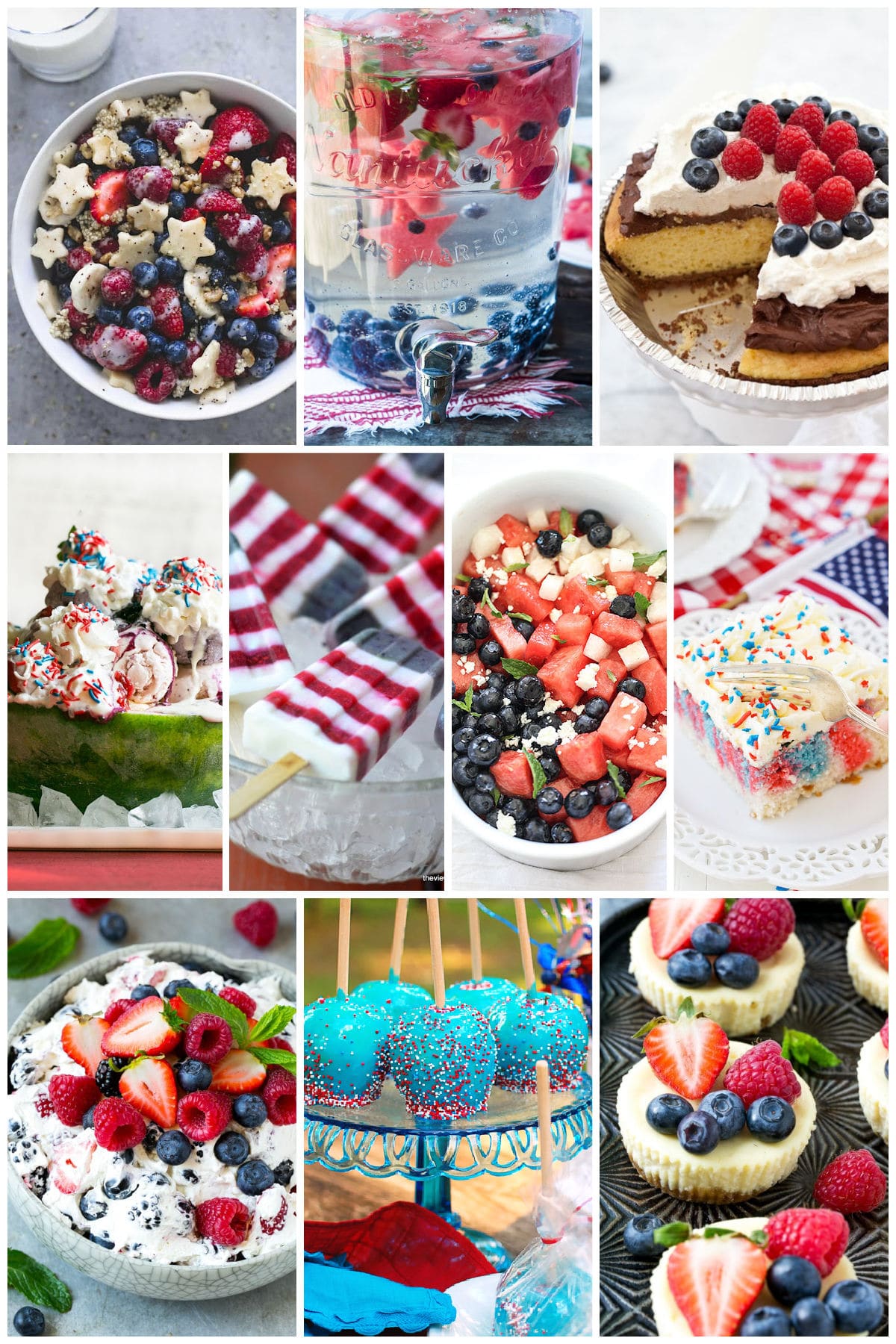 A collection of patriotic 4th of July recipes like red, white and blueberry yogurt popsicles, and patriotic infused water.