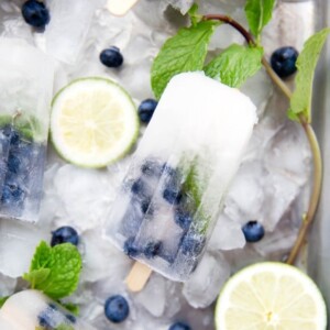 A picture of a mojito popsicle with blueberries near the base of the popsicle.
