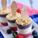 An image of a red, white, and blue cheesecake popsicle.