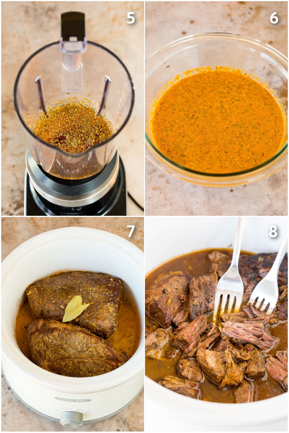 Process shots showing how to make barbacoa sauce and meat in a slow cooker.