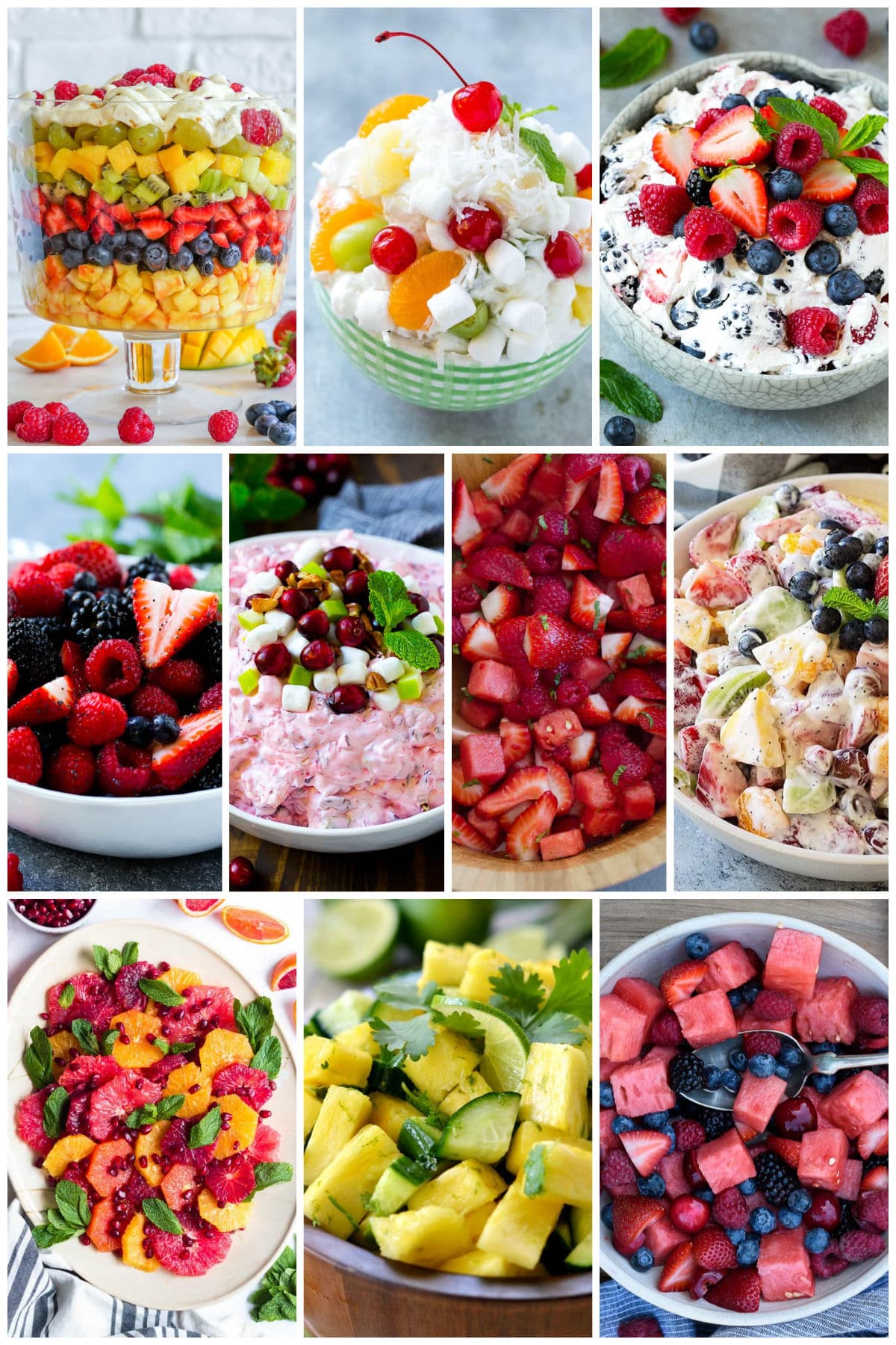 A group of pictures of fruit dishes like berry cheesecake salad and pineapple cucumber salad.
