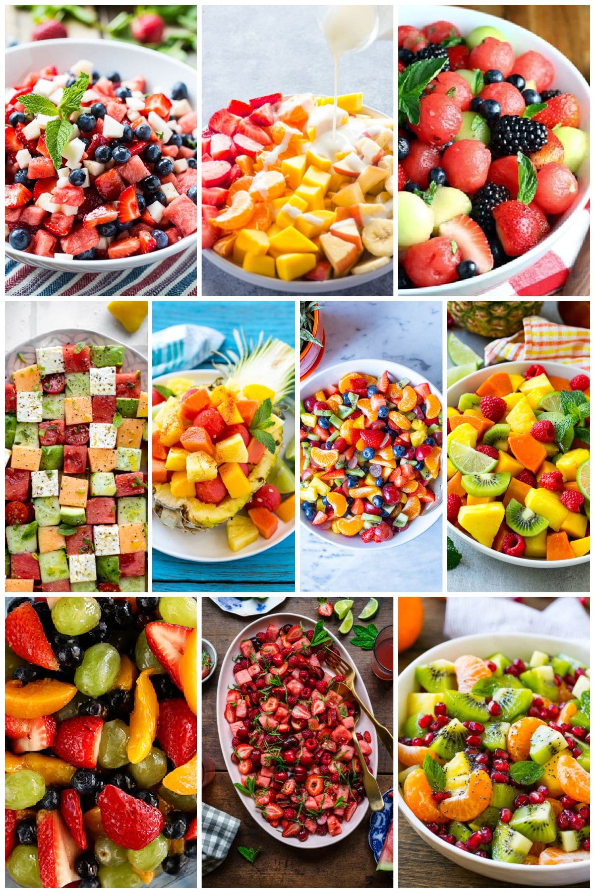 A collection of images showing fruit salad recipes like melon berry salad and tropical fruit salad.