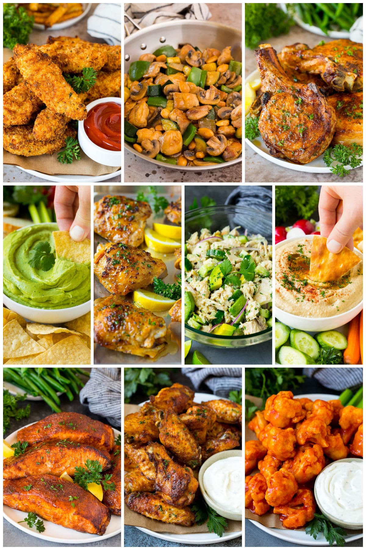 A collection of delicious healthy recipes like baba ganoush, avocado tuna salad and baked chicken thighs.