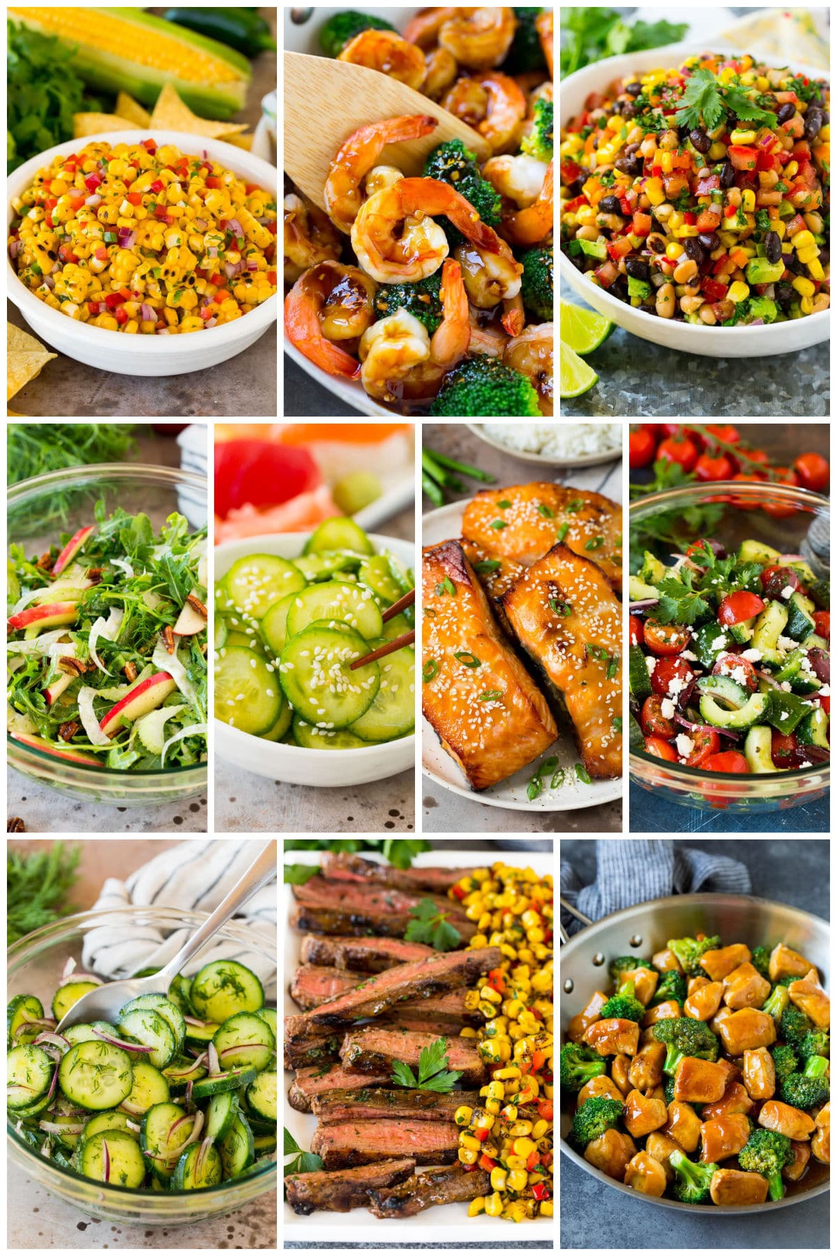 A group of lighter dishes like corn salsa, Mediterranean salad and cucumber dill salad.
