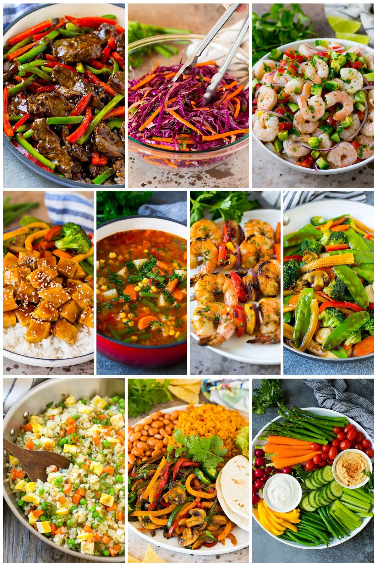 A collection of healthy recipes like vegetarian fajitas, red cabbage slaw and vegetable stir fry.