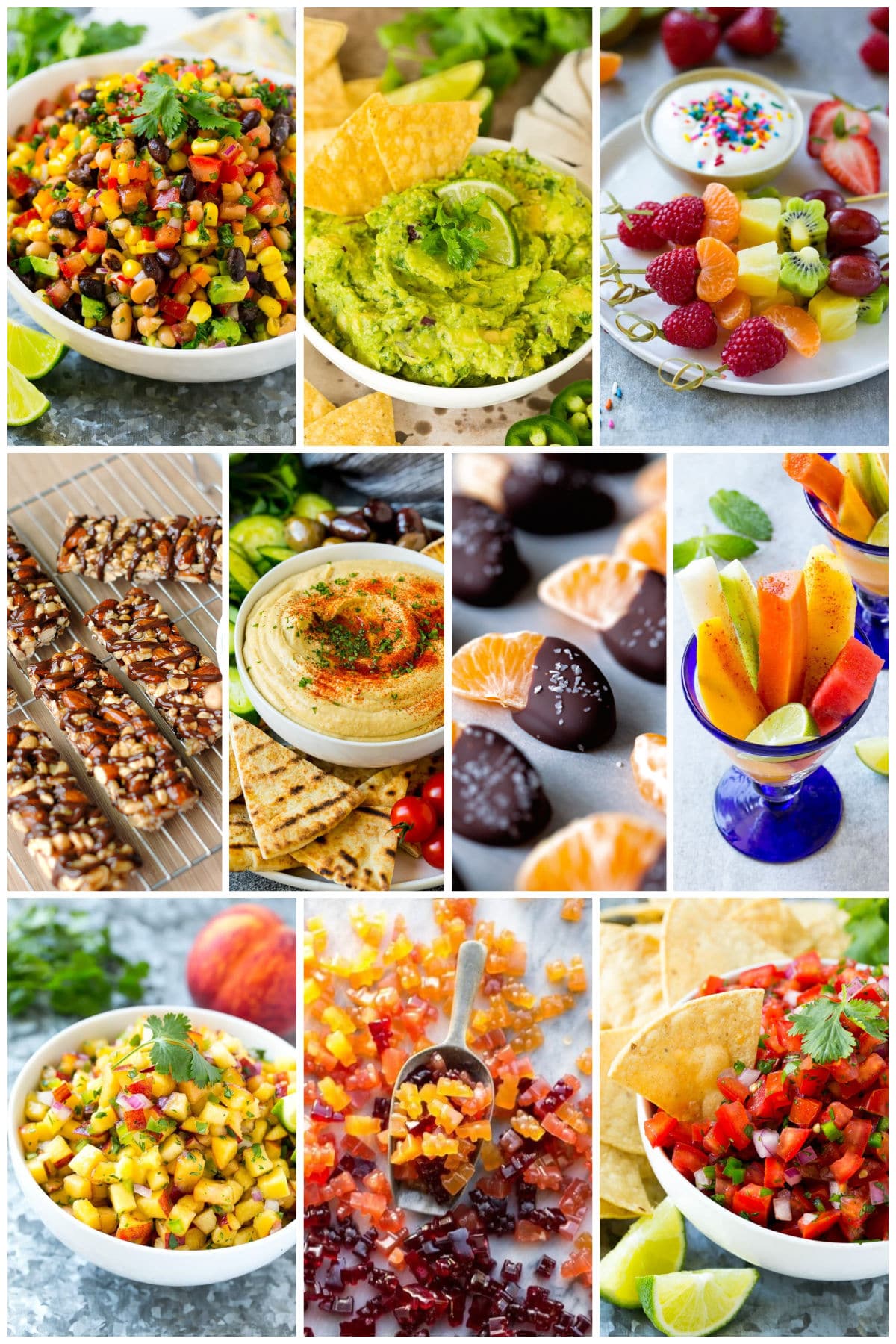 A collection of images of colorful quick bites like hummus and fruit kabobs.