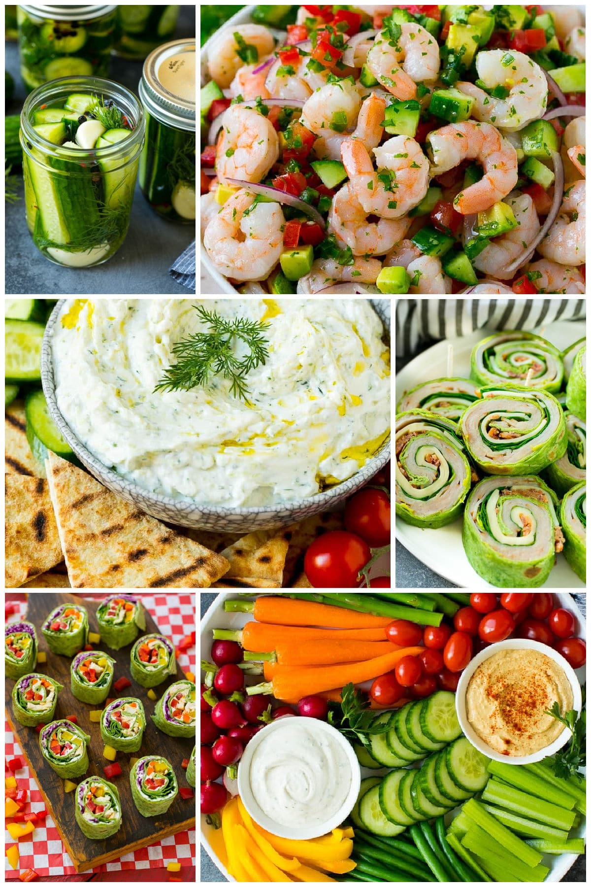 A group of images of healthy foods like shrimp ceviche and turkey roll ups.