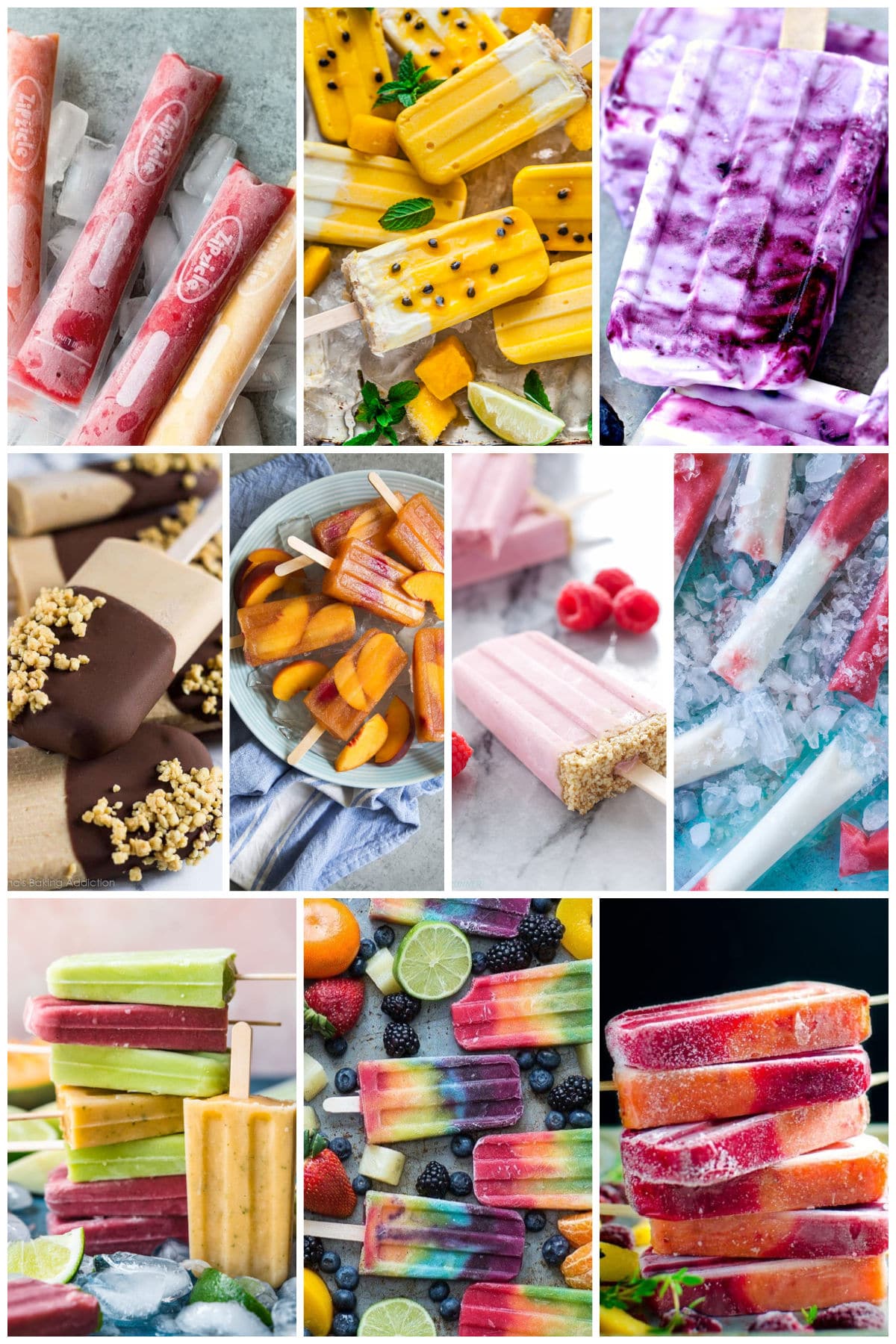 A collection of frozen pops including mango passionfruit and rainbow popsicles.