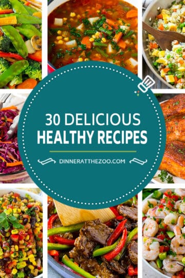 A list of delicious healthy recipes including vegetable stir fry, red cabbage slaw and air fryer salmon.