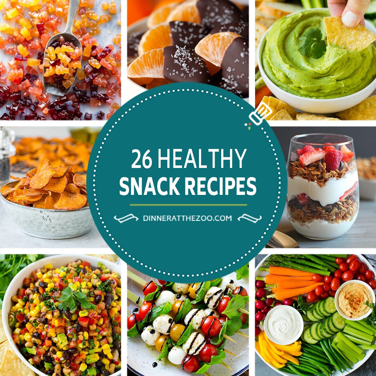 A group of healthy snack recipes like cowboy caviar and caprese skewers.