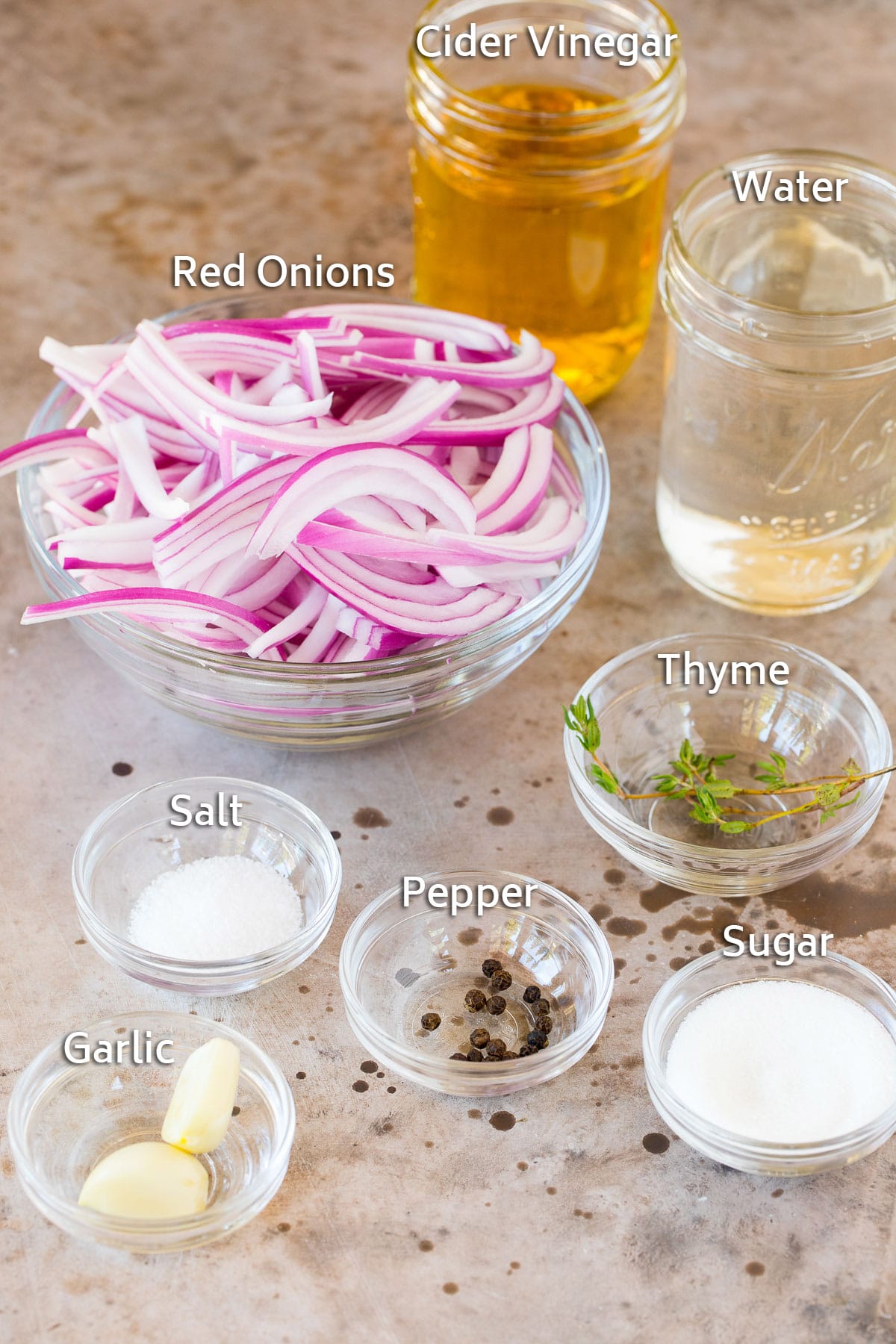 Bowls of ingredients including onions, spices, vinegar and water.