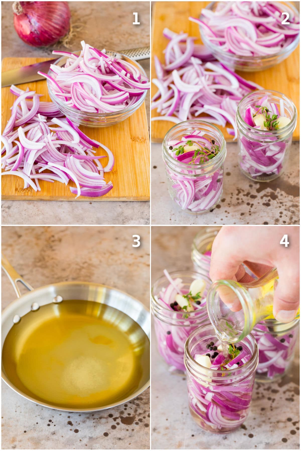 Step by step process shots showing how to pickle red onions.
